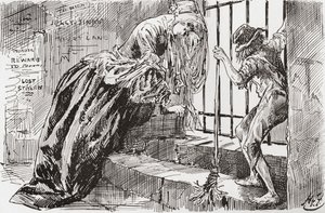 Lady Dedlock und Jo. "Er wurde dort hingebracht," sagt Jo, hält sich an den Gittern fest und schaut hinein, während Lady Dedlock in eine Ecke schrumpft. Illustration von Harry Furniss für den Charles Dickens Roman Bleak House, aus der Testimonial Edition,  von Harry Furniss