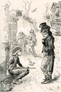 Oliver trifft auf den gerissenen Gauner. "Hallo, mein Freund, was ist los?" sagte dieser seltsame junge Herr zu Oliver. "Ich bin sehr hungrig und müde," antwortete Oliver; die Tränen standen ihm in den Augen, als er sprach. "Ich bin einen langen Weg gegang von Harry Furniss