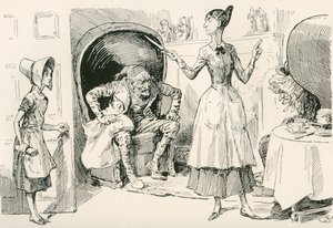 Die Smallweed-Familie. "Welche Arbeit machst du jetzt?" sagt Judy Smallweed, wie eine sehr scharfe alte Hexe. "Ich putze das hintere Zimmer oben, Miss," antwortet Charley. "Achte darauf, dass du es gründlich machst und nicht trödelst. Beeil dich! Geh weite von Harry Furniss