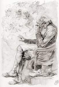 Trottys Traum. "Hatte Trotty geträumt? Oder sind seine Freuden und Sorgen, und die Schauspieler darin, nur ein Traum; er selbst ein Traum; der Erzähler dieser Geschichte ein Träumer, der gerade jetzt erwacht?" Illustration von Harry Furniss für die Kurzges von Harry Furniss
