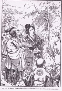 Alle verdorrten Bäume waren sofort mit wunderschönen Kirschblüten bedeckt (Der alte Mann, der verdorrte Bäume blühen ließ) von Harry George Theaker