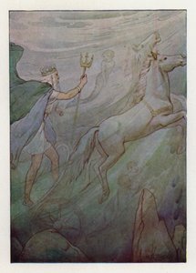 Der Meereskönig in seinem funkelnden Wagen, gezogen von grünen Pferden von Harry George Theaker