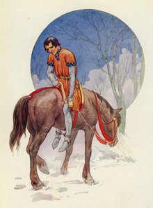 So ritt Guy davon, ihnen zugewandt, die Füße fest unter dem Pferd geschnallt von Harry George Theaker