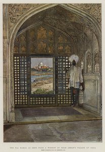 Das Taj Mahal, gesehen aus einem Fenster des Palastes von Shah Jehan in Agra