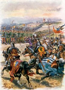 Angriff der französischen Kavallerie. Schlacht von Crécy (Farblitho) von Harry Payne