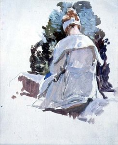 Frau in einem weißen Kleid, die auf Felsen sitzt von Harry Watson