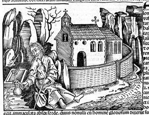 Ein Pilger hält während seiner Reise in einem Kloster an, nach Hartmann Schedels "Nürnberger Chronik"