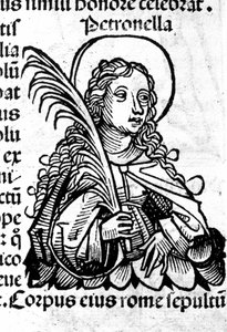 Porträt von Sankt Petronilla. Xylographie nach „Die Nürnberger Chroniken“ von Hartmann Schedel. Nürnberg 1497
