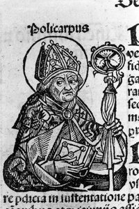 Porträt von Polykarp von Smyrna, Bischof. Gravur aus den „Chroniken von Nürnberg“ von Schedel Hartmann