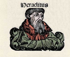 Porträt des griechischen Philosophen Heraklit von Ephesos (576-480 v. Chr.). Xylographie aus den „Chroniken von Nürnberg“ von Hartmann Schedel