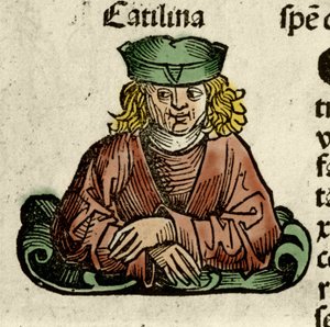 Darstellung von Catilina (Lucius Sergius Catilina) (108-62 v. Chr.), ein römischer Politiker, der gegen den Senat konspirierte. Gravur aus „Liber chronicarum“ von Hartmann Schedel von Hartmann Schedel