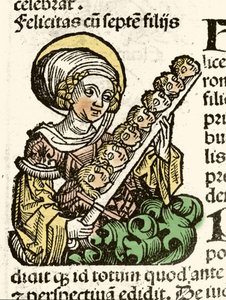 Darstellung der heiligen Felicitas, Martyrium in Rom mit den Köpfen ihrer sieben Kinder. Holzschnitt von Hartmann Schedel „Chronik von Nürnberg“ 1493 von Hartmann Schedel