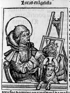 Darstellung des Evangelisten Lukas. Gravur aus „Liber chronicarum“ (Nürnberger Chroniken) von Hartmann Schedel 1493