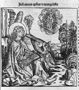 Darstellung des Evangelisten Johannes. Gravur aus „Liber chronicarum“ (Nürnberger Chroniken) von Hartmann Schedel 1493