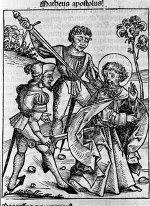 Darstellung des Evangelisten Matthäus. Gravur aus „Liber chronicarum“ (Nürnberger Chroniken) von Hartmann Schedel 1493