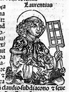 Sankt Laurentius hält in seiner Hand den Rost, ein Instrument seines Martyriums. Gravur aus dem „Liber Chronicarum von Hartmann Schedel“ von Hartmann Schedel