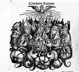Das Konzil von Nizäa. Illustration aus „Weltchronik von Nürnberg“ von H. Schedel