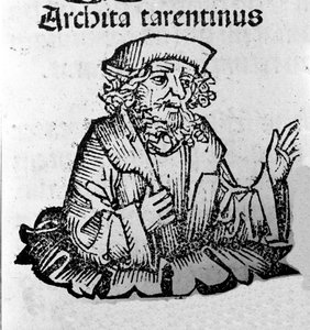 Der griechische Philosoph Archytas von Tarent (435-347 v. Chr.), Pythagoreer, Mathematiker, Astronom. Xylographie aus „Chroniken von Nürnberg“ von Hartmann Schedel von Hartmann Schedel