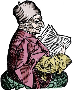 Der Historiker und Theologe Beda Venerabilis (673-735). Holzschnitt aus den „Chroniken von Nürnberg“ von Hartmann Schedel von Hartmann Schedel