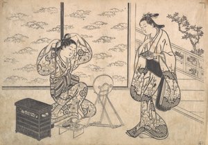 Zwei Frauen in einem Raum, der sich zu einer Veranda öffnet, ca. 1730 von Hasegawa Mitsunobu