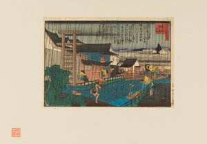 Holzschnitt - Regenszene in Kita-Shinchi in Osaka. Menschen mit Regenschirmen, 19. Jahrhundert