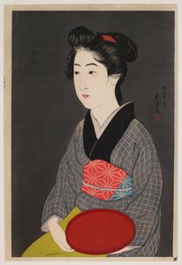 Kellnerin mit Tablett (Porträt von Onao, einer Magd im Matsuyoshi-Gasthaus, Kyoto) von Hashiguchi Goyô