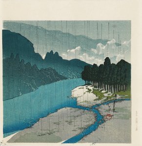 Holzschnitt - Regen am Okutama-Fluss, 1988