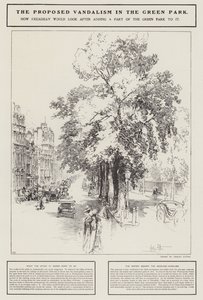 Der vorgeschlagene Vandalismus im Green Park, London (Lithografie) von Hedley Fitton