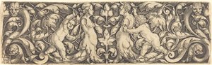 Kreuzpaneel mit Weinrebe in der Mitte und Tritonenpaar von Heinrich Aldegrever