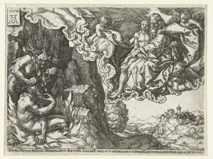 Der reiche Mann in der Hölle sieht Abraham mit Lazarus