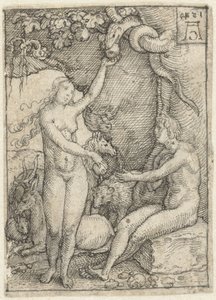 Eva reicht Adam den Apfel unter dem Baum mit der Schlange von Heinrich Aldegrever