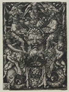 Ornamententwurf mit Maske, einem Paar Tritonen und zwei Kindern darunter von Heinrich Aldegrever