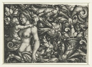Ornament mit Blattranken und einer weiblichen Triton mit Kind von Heinrich Aldegrever