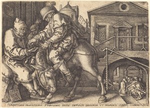 Der barmherzige Samariter bezahlt die Unterkunft des Reisenden von Heinrich Aldegrever