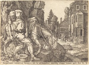 Der barmherzige Samariter setzt den Reisenden auf ein Maultier von Heinrich Aldegrever