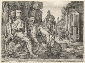Das Gleichnis vom barmherzigen Samariter: Der barmherzige Samariter setzt den Reisenden auf seinen Esel