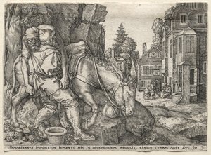 Das Gleichnis vom barmherzigen Samariter: Der barmherzige Samariter setzt den Reisenden auf seinen Esel, 1554 von Heinrich Aldegrever