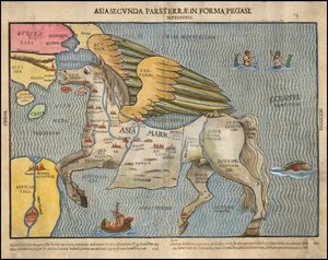 Ca. 1581 Bildkarte von Heinrich Bünting, Asien als Pegasus darstellend
