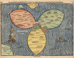 Drei Kontinente der Welt als Kleeblatt, mit Jerusalem im Mittelpunkt
