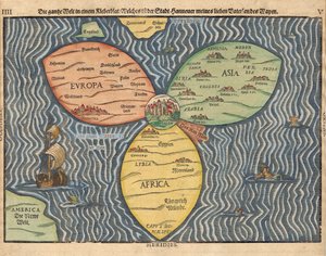Die drei Kontinente mit Jerusalem im Zentrum der Welt, 1581