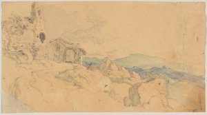 Gebirgslandschaft mit Hütte und Ruine von Heinrich Burkel