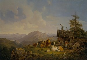 Landschaft in Oberbayern mit Hirten und ihrem Vieh, das an einer Hütte rastet von Heinrich Burkel
