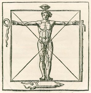 Mann in einem Quadrat umgeben von Symbolen des Auges, der Schlange, des siebenfachen Stabs und des Schildes. Gravur aus Heinrich Cornelius Agrippa von Nettesheim (1486-1535) De occulta philosophia libri tres von Heinrich Cornelius Agrippa von Nettesheim
