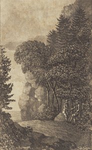 Landschaft mit Felsen und großen Bäumen, rechts zwei Männer von Heinrich Grosch