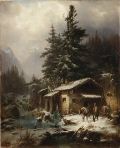 Winterlandschaft mit Figuren, die sich in der Nähe einer Wassermühle ausruhen, 1866 von Heinrich Hofer