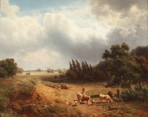 Waldlandschaft mit einer Schäferin und ihrem Vieh von Heinrich Hofer