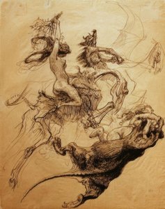 Nackte Frau auf Skelett und Teufel auf Pterodaktylus reiten