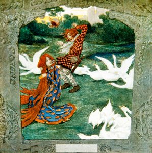 Die Prinzessin - jetzt eine Gänsemagd - bezaubert den Wind, Conrads, des Gänsehirten, Hut wegzublasen von Heinrich Lefler