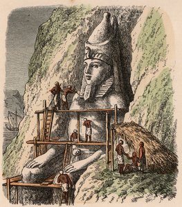 Antikes Ägypten: Eine Statue des Abu Simbel Tempels schnitzen, 1866