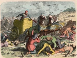 Alter Orient, persischer Kriegwagen während einer Schlacht
